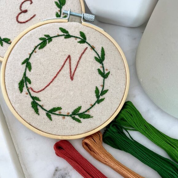 Hand Embroidered Wreath with Initial "X" - Picture 3 of 8